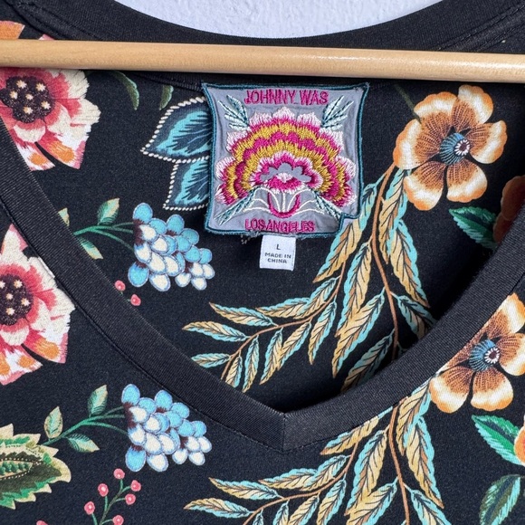 Johnny Was Bamboo Dress Small Ardell 3/4 Sleeve Tiered Black Floral Large - Picture 7 of 8